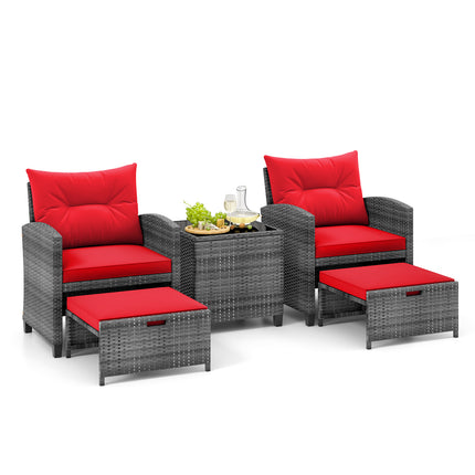 5 Piece Patio Rattan Furniture with 2 Ottomans and Tempered Glass Coffee Table-Red