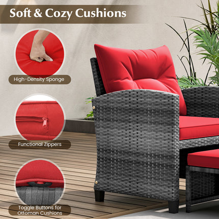 5 Piece Patio Rattan Furniture with 2 Ottomans and Tempered Glass Coffee Table-Red