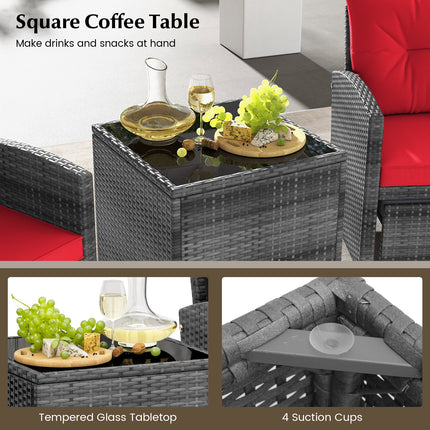 5 Piece Patio Rattan Furniture with 2 Ottomans and Tempered Glass Coffee Table-Red