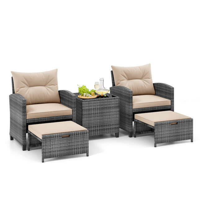 5 Piece Patio Rattan Furniture with 2 Ottomans and Tempered Glass Coffee TableBeige