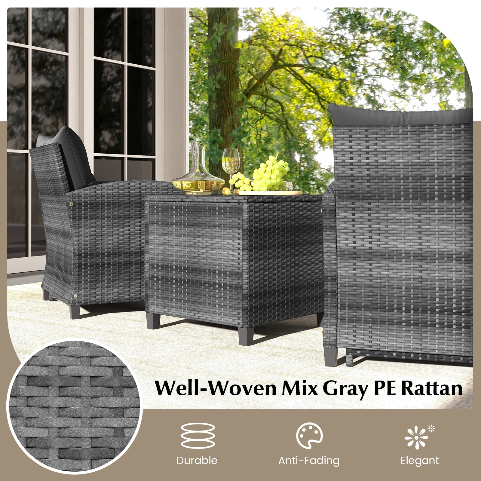 5 Piece Patio Rattan Furniture with 2 Ottomans and Tempered Glass Coffee Table-Black