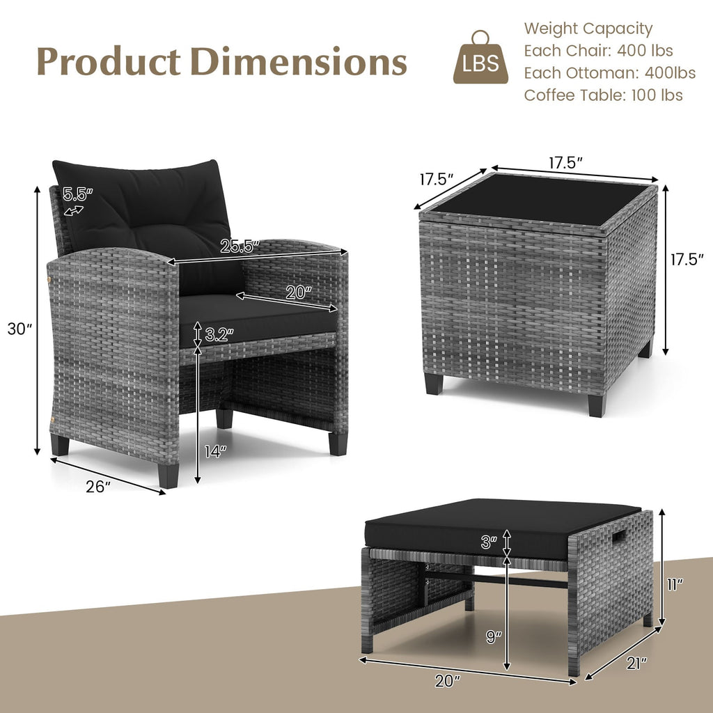 5 Piece Patio Rattan Furniture with 2 Ottomans and Tempered Glass Coffee Table-Black