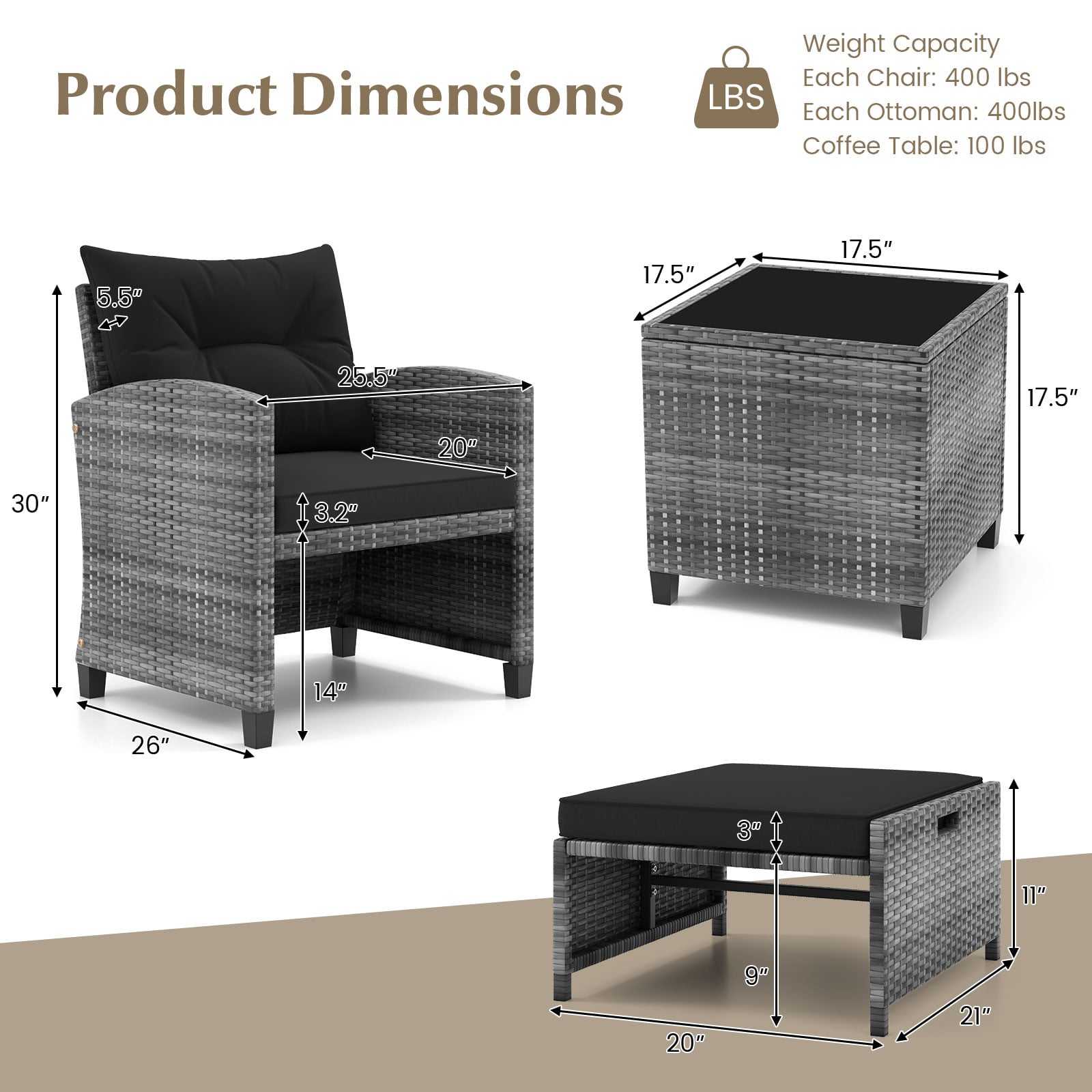5 Piece Patio Rattan Furniture with 2 Ottomans and Tempered Glass Coffee Table-Black