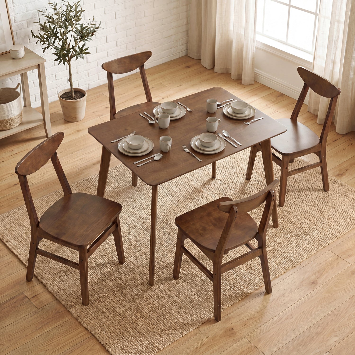 5-Piece Solid Wood Dining Table Set for Small Space-Walnut