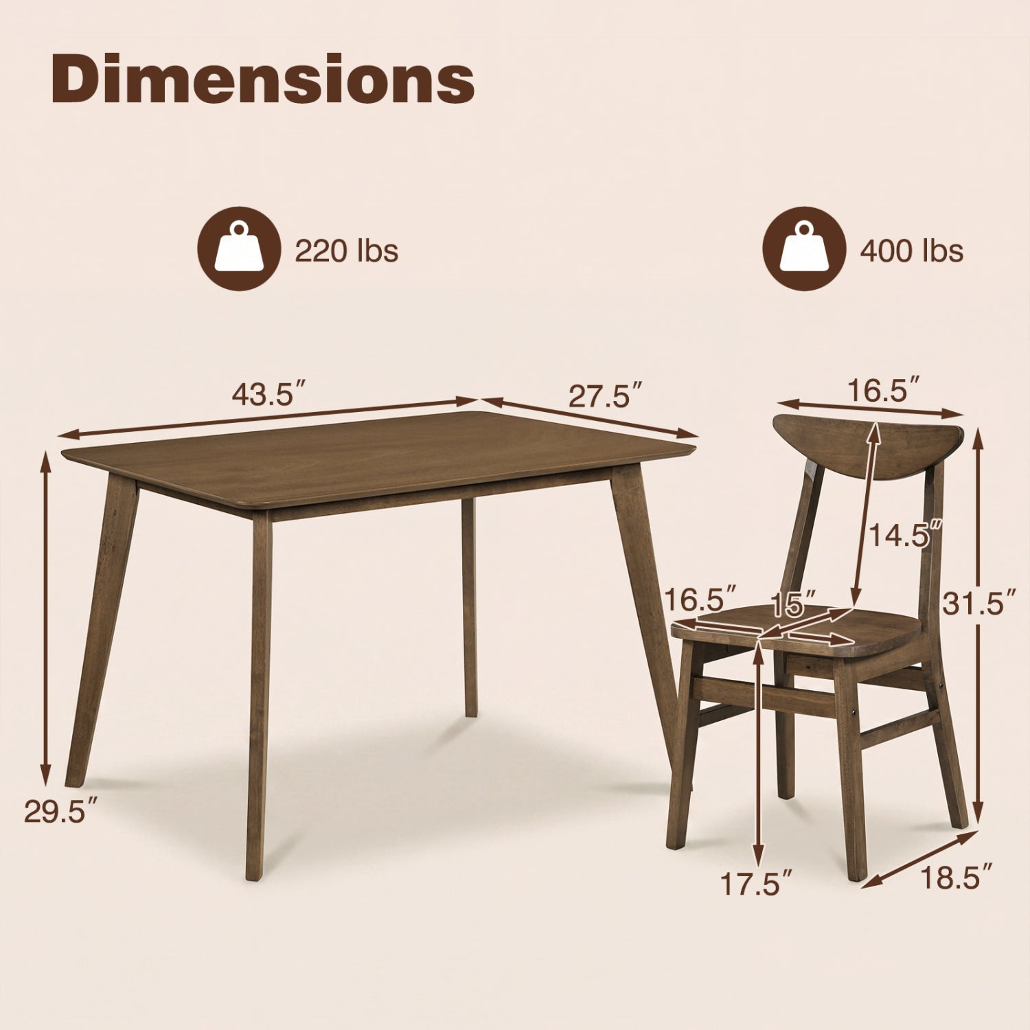 5-Piece Solid Wood Dining Table Set for Small Space-Walnut