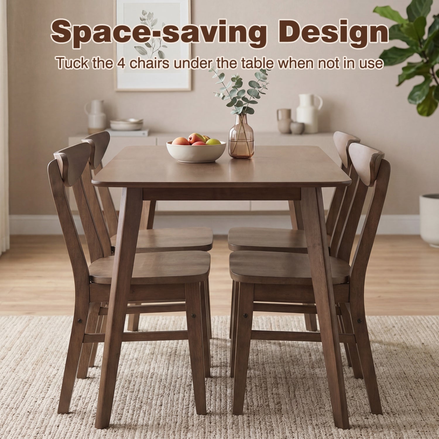 5-Piece Solid Wood Dining Table Set for Small Space-Walnut