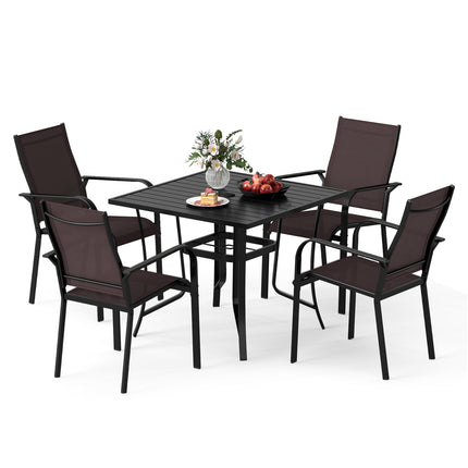 5 Pieces Patio Dining Set for 4 Outdoor Square Table and Stackable Chairs-Brown