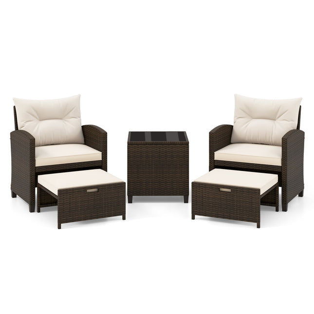5 Pieces Patio Rattan Furniture with 2 Ottomans and Tempered Glass Coffee TableOff White