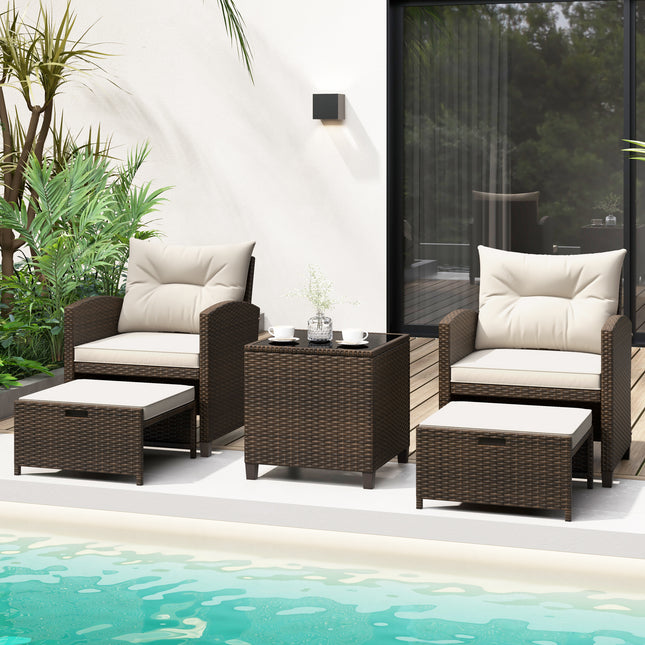 5 Pieces Patio Rattan Furniture with 2 Ottomans and Tempered Glass Coffee Table-Off White