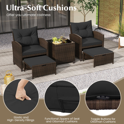 5 Pieces Patio Rattan Furniture with 2 Ottomans and Tempered Glass Coffee Table-Black