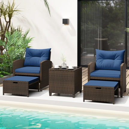5 Pieces Patio Rattan Furniture with 2 Ottomans and Tempered Glass Coffee Table-Navy