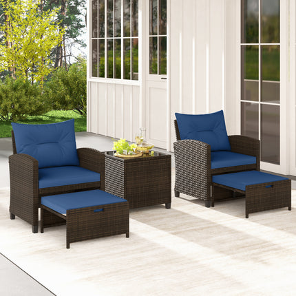 5 Pieces Patio Rattan Furniture with 2 Ottomans and Tempered Glass Coffee Table-Navy