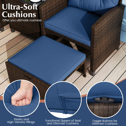 5 Pieces Patio Rattan Furniture with 2 Ottomans and Tempered Glass Coffee Table-Navy