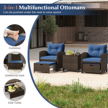 5 Pieces Patio Rattan Furniture with 2 Ottomans and Tempered Glass Coffee Table-Navy