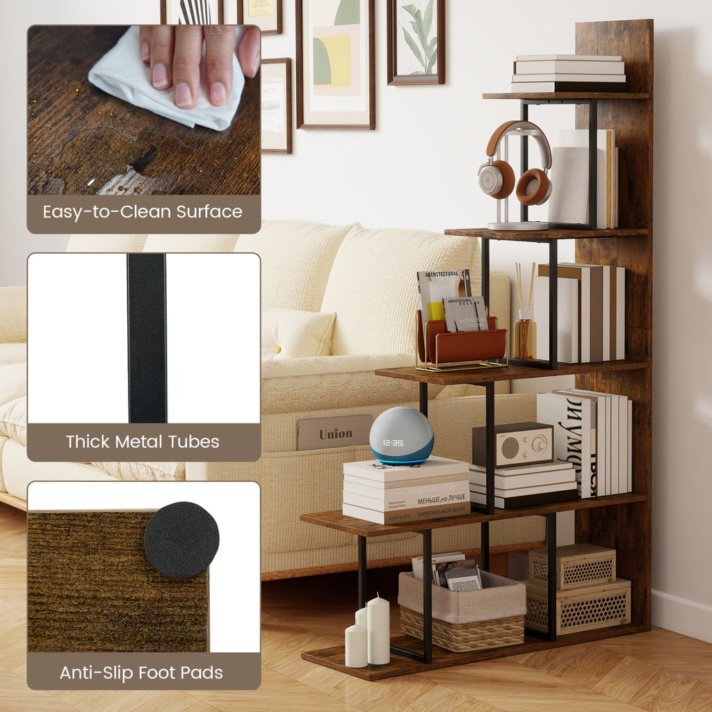 5-Tier 62 Inch Tall Stepped Bookshelf with Heavy Duty Metal Frame-Rustic Brown