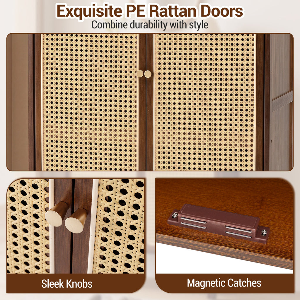 5-Tier Bamboo Shoe Cabinet with Woven Rattan Doors and Sliding Doors for Entryway-Walnut