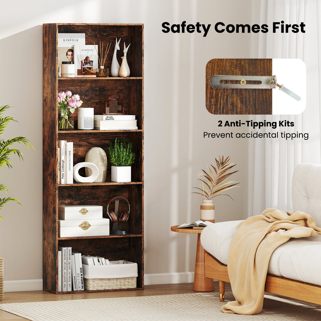 5-Tier Bookshelf Open Bookcase Freestanding Display Shelf Storage Organizer-Rustic Brown