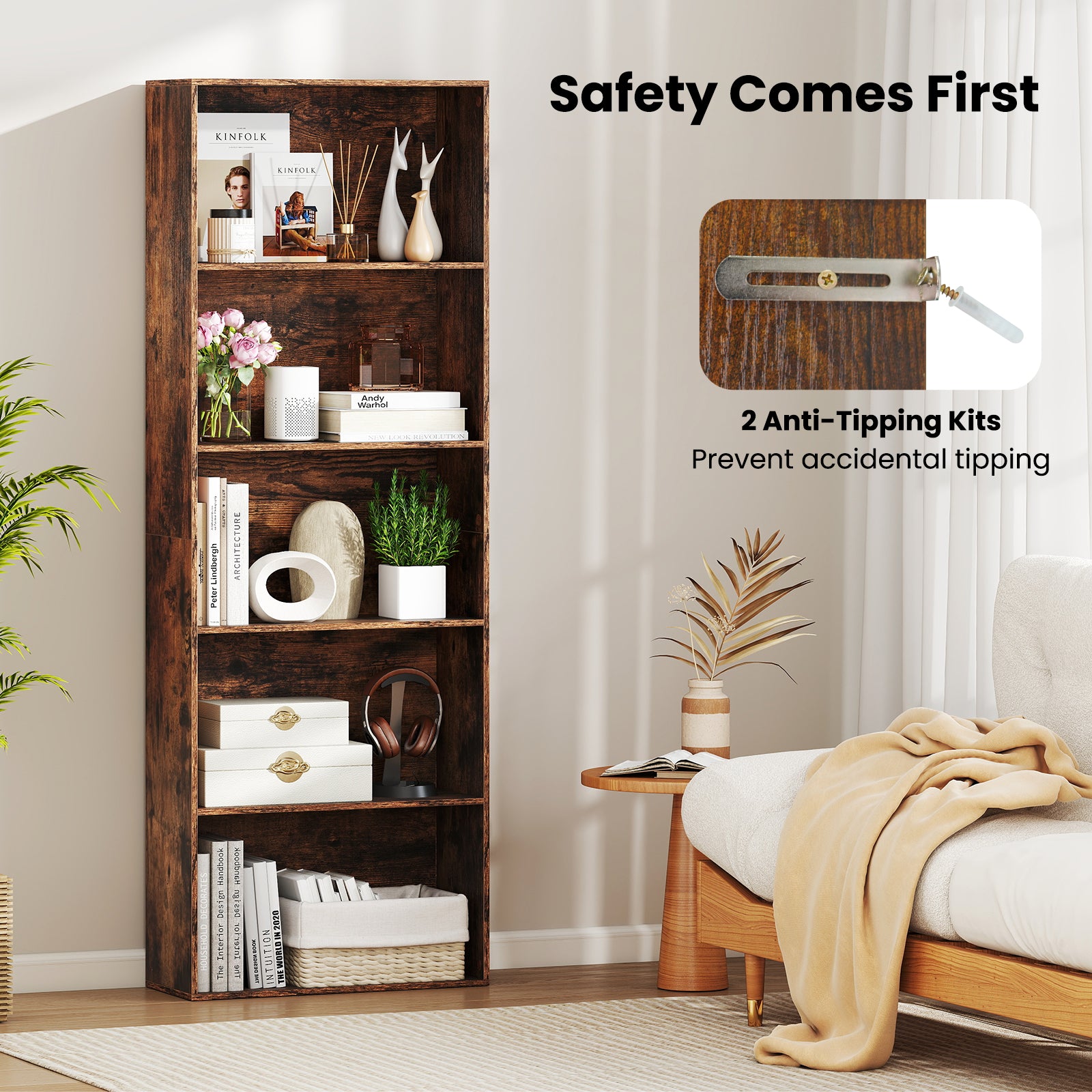 5-Tier Bookshelf Open Bookcase Freestanding Display Shelf Storage Organizer-Rustic Brown