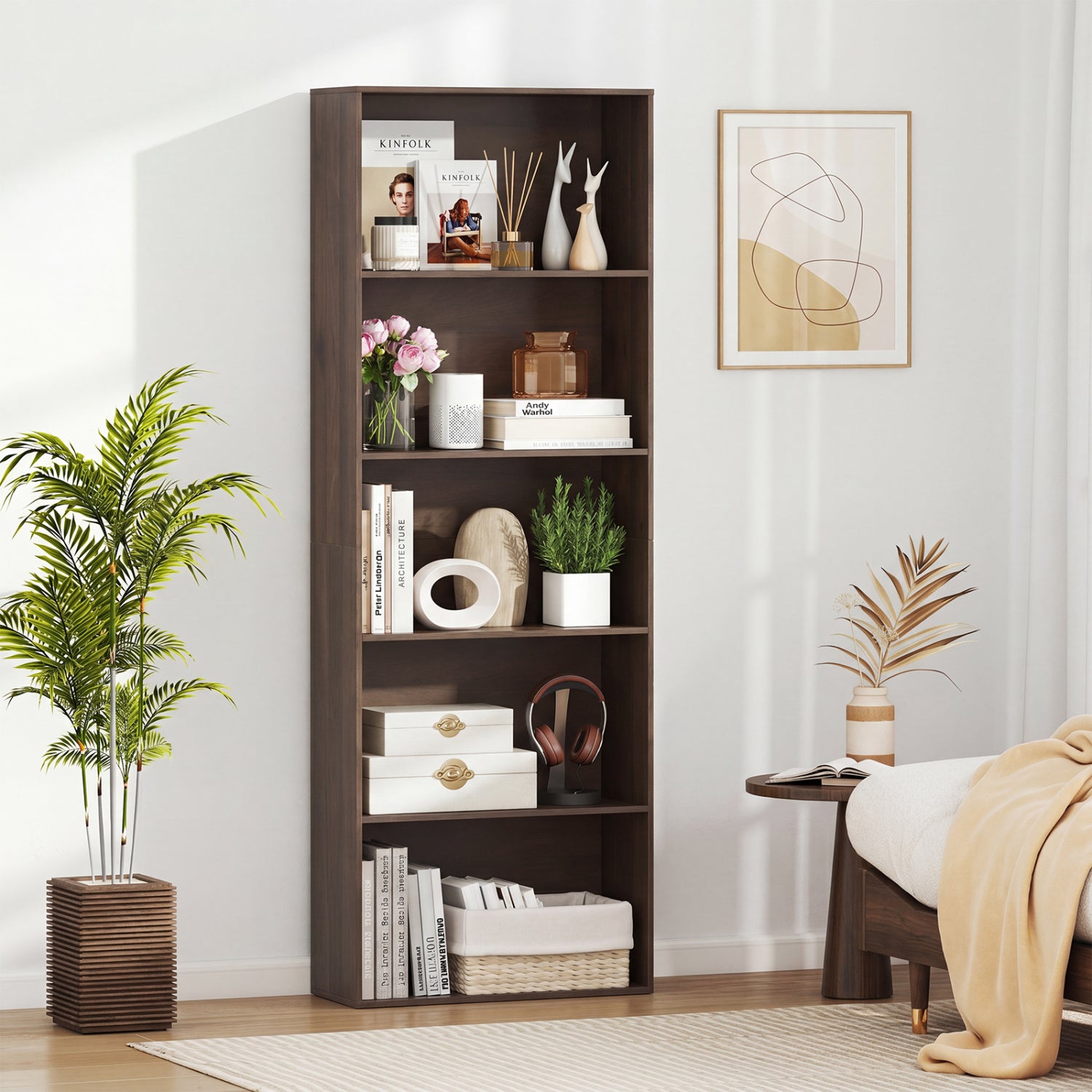 5-Tier Bookshelf Open Bookcase Freestanding Display Shelf Storage Organizer-Dark Walnut