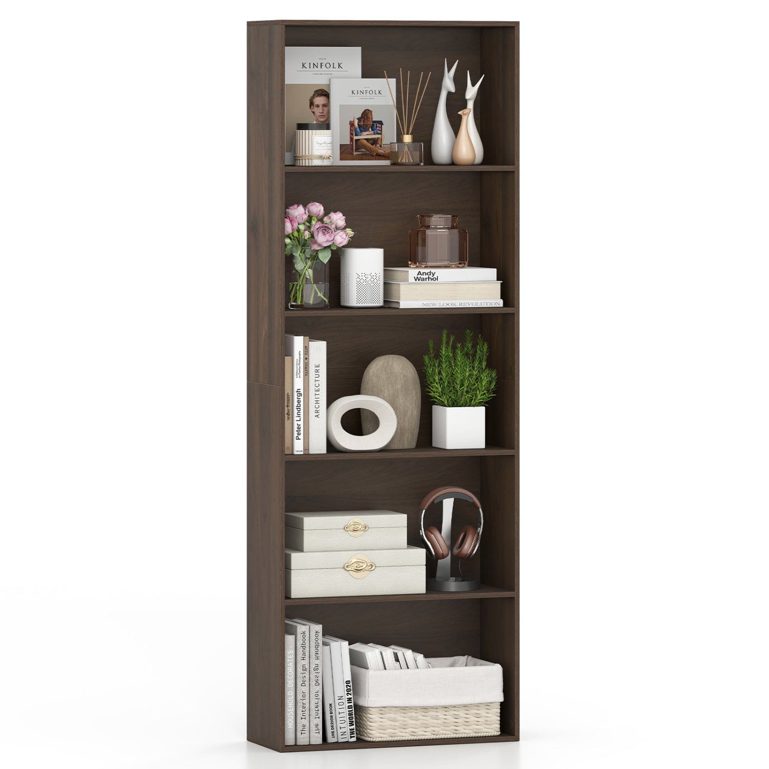 5-Tier Bookshelf Open Bookcase Freestanding Display Shelf Storage Organizer-Dark Walnut