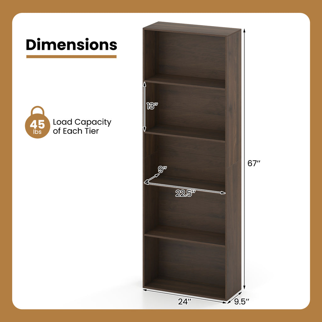 5-Tier Bookshelf Open Bookcase Freestanding Display Shelf Storage Organizer-Dark Walnut