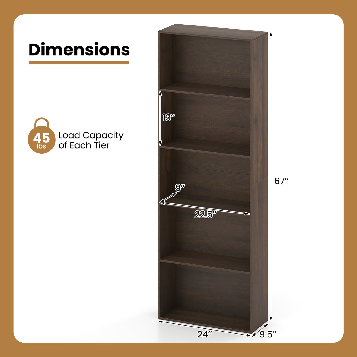 5-Tier Bookshelf Open Bookcase Freestanding Display Shelf Storage Organizer-Dark Walnut