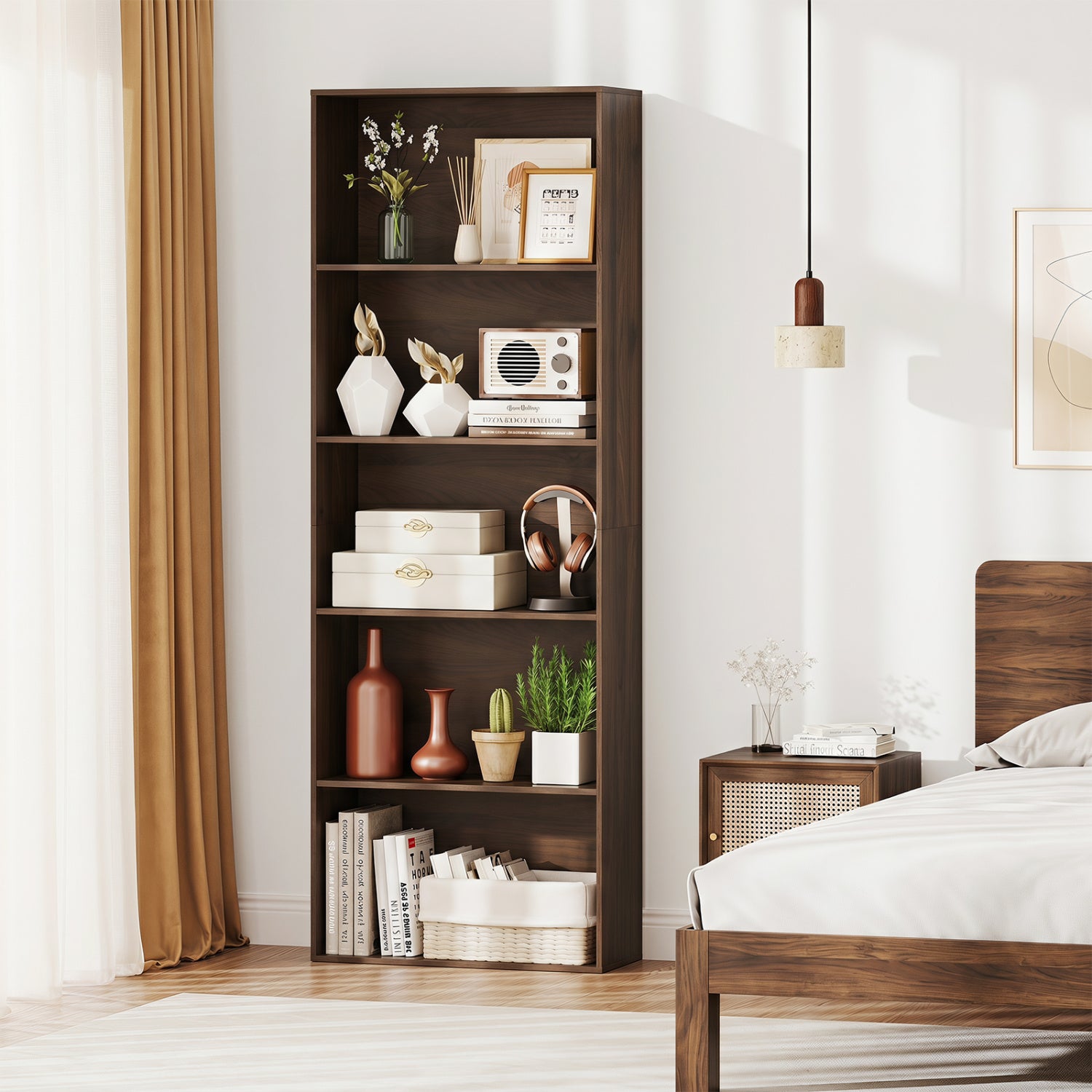 5-Tier Bookshelf Open Bookcase Freestanding Display Shelf Storage Organizer-Dark Walnut