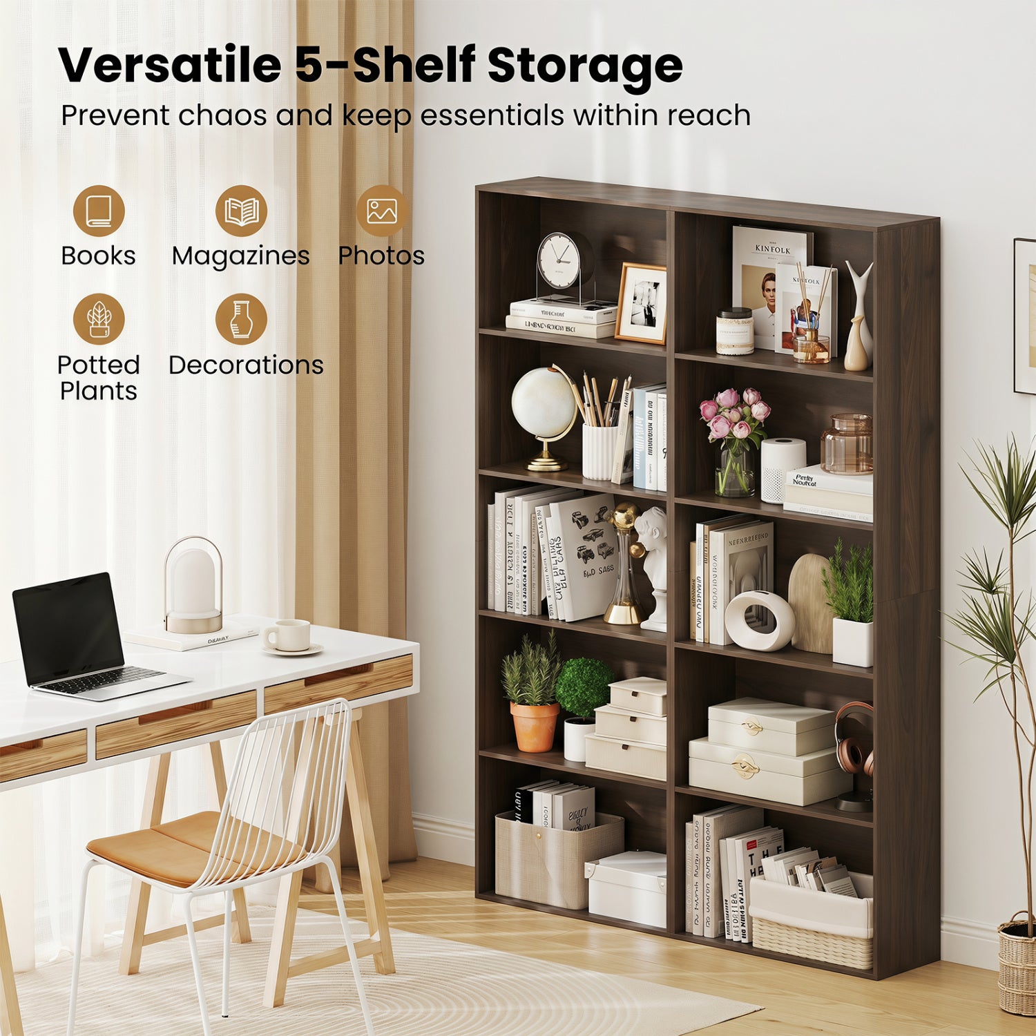 5-Tier Bookshelf Open Bookcase Freestanding Display Shelf Storage Organizer-Dark Walnut
