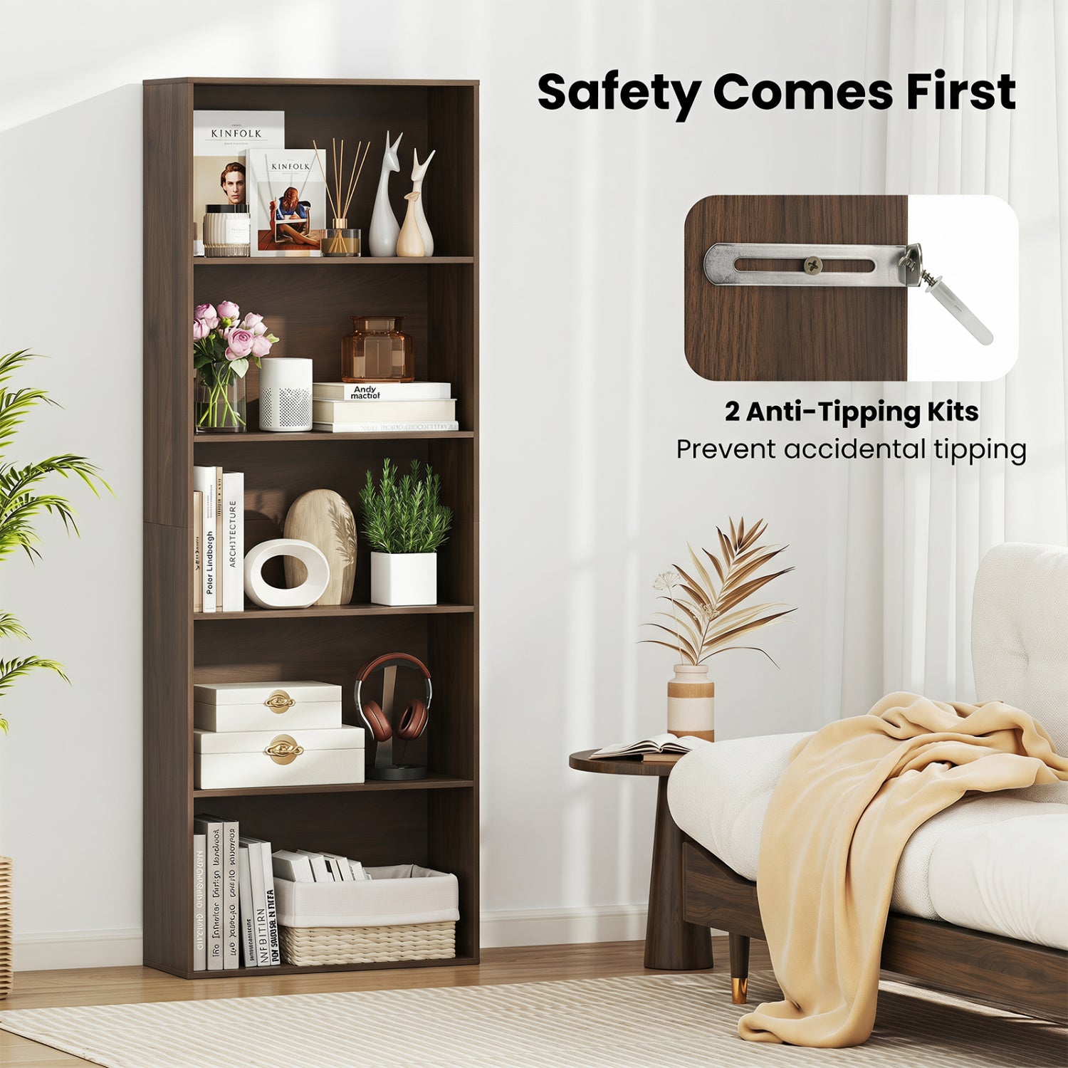 5-Tier Bookshelf Open Bookcase Freestanding Display Shelf Storage Organizer-Dark Walnut