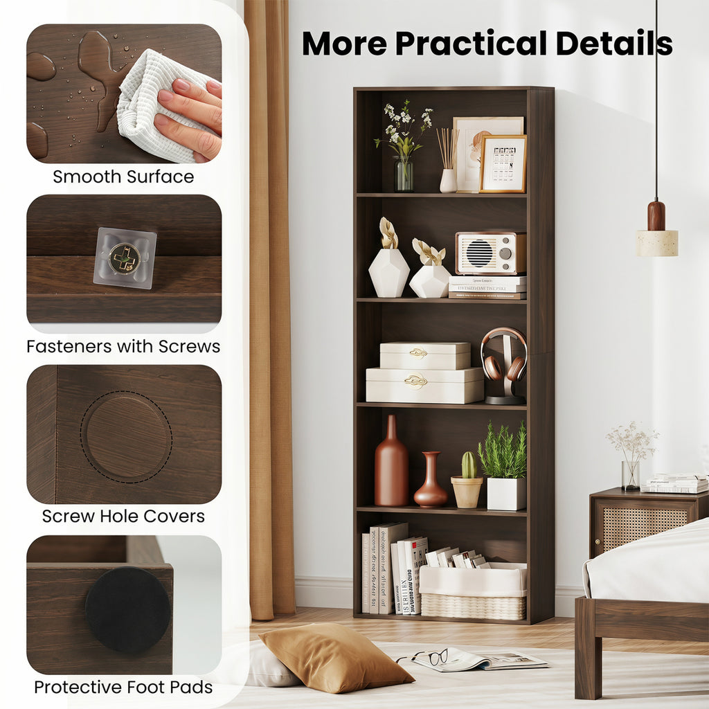 5-Tier Bookshelf Open Bookcase Freestanding Display Shelf Storage Organizer-Dark Walnut