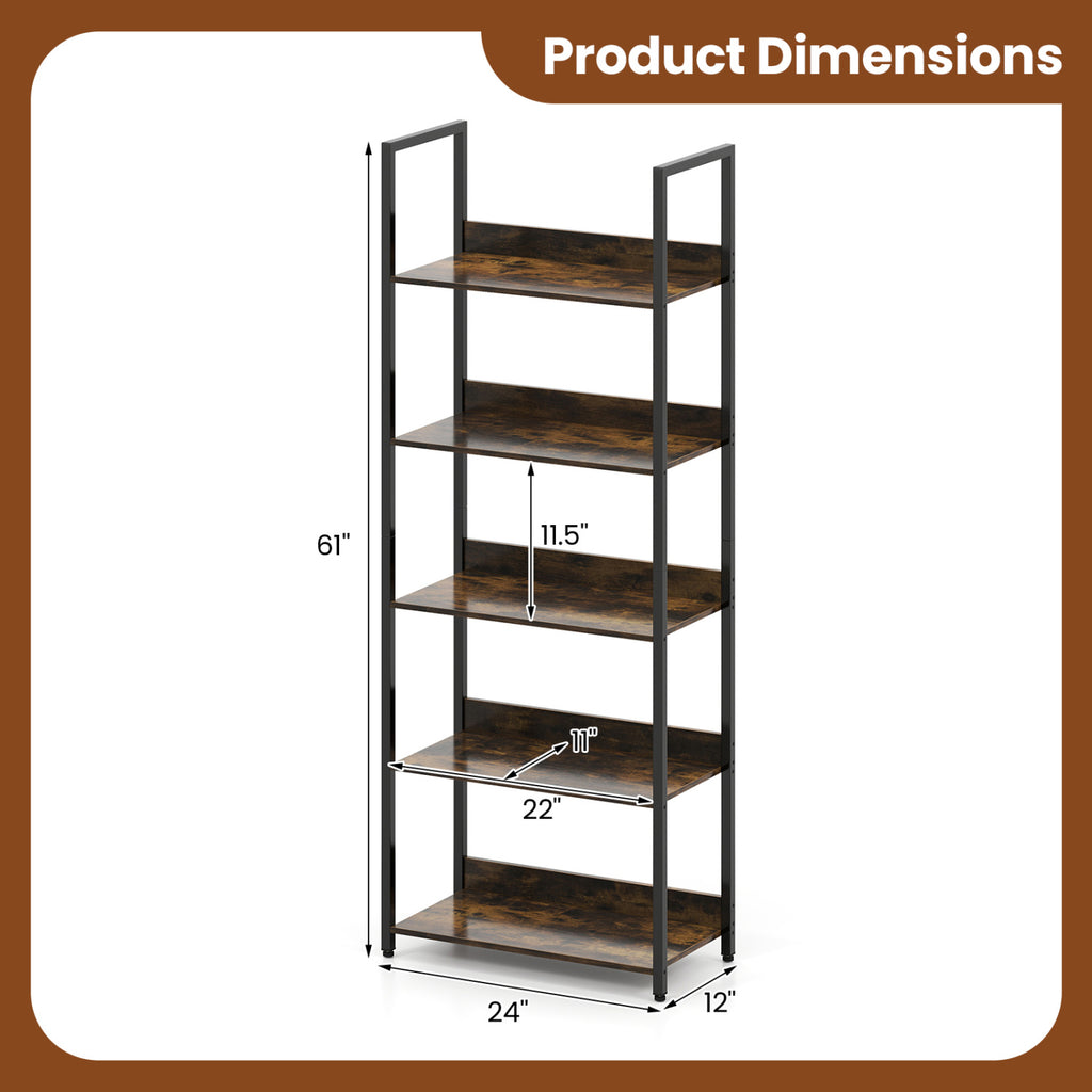 5-Tier Bookshelf Tall Wooden Open Bookcase with Back Panels-Rustic Brown