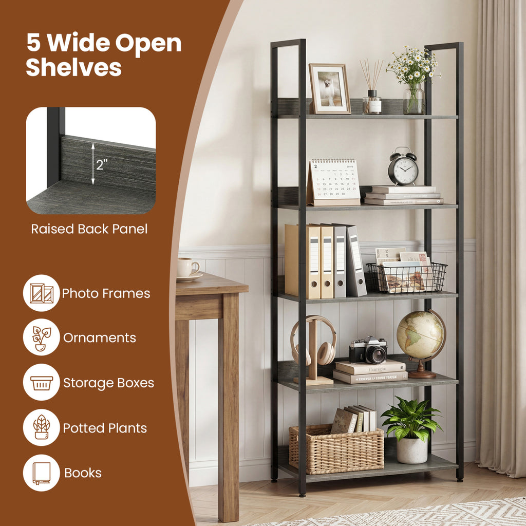 5-Tier Bookshelf Tall Wooden Open Bookcase with Back Panels-Oak
