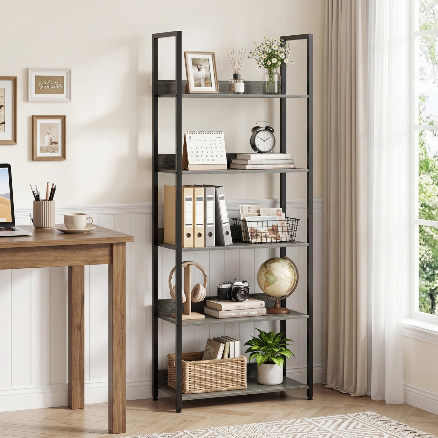 5-Tier Bookshelf Tall Wooden Open Bookcase with Back Panels-Oak