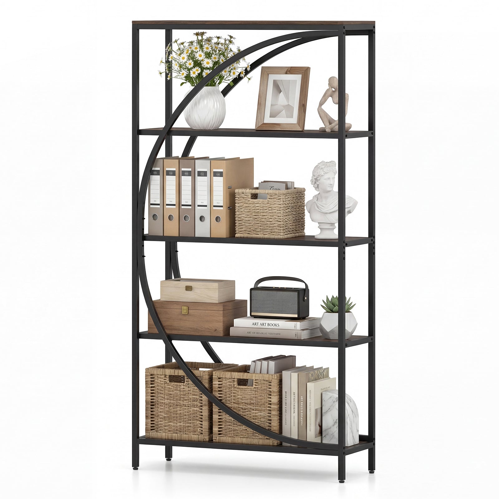 5-Tier Bookshelf with Half-Moon Shape for Living Room and Home Office-Rustic Brown