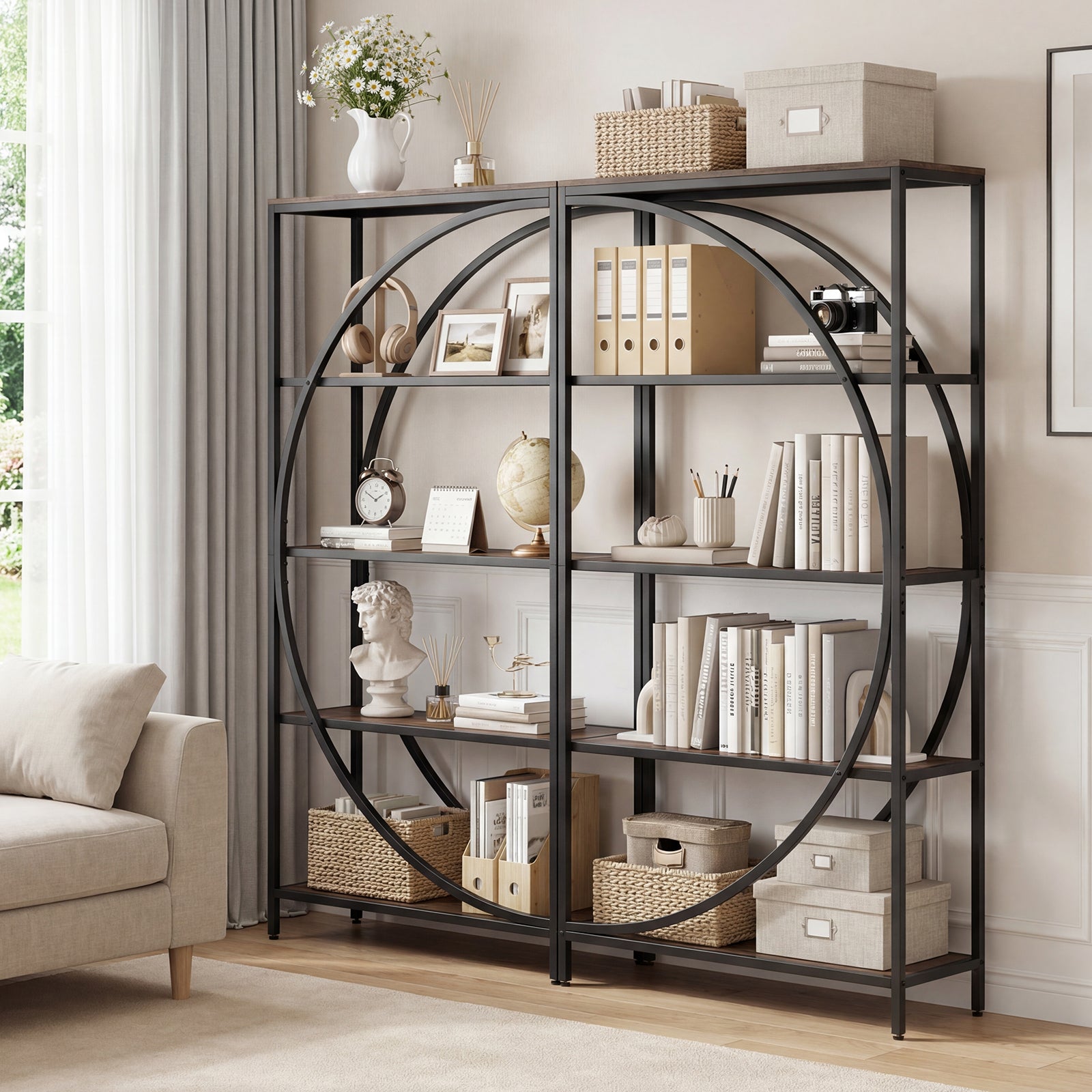 5-Tier Bookshelf with Half-Moon Shape for Living Room and Home Office-Rustic Brown