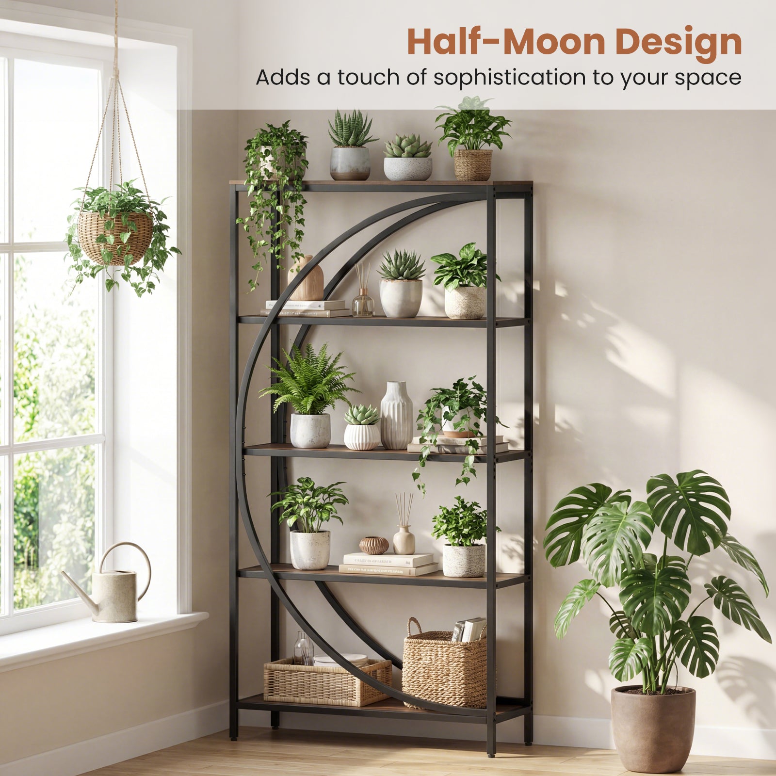 5-Tier Bookshelf with Half-Moon Shape for Living Room and Home Office-Rustic Brown