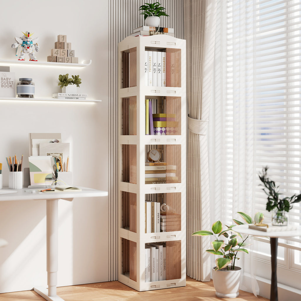 5-Tier Foldable Rotating Bookshelf 360° Spinning Bookcase with Swivel Base-White
