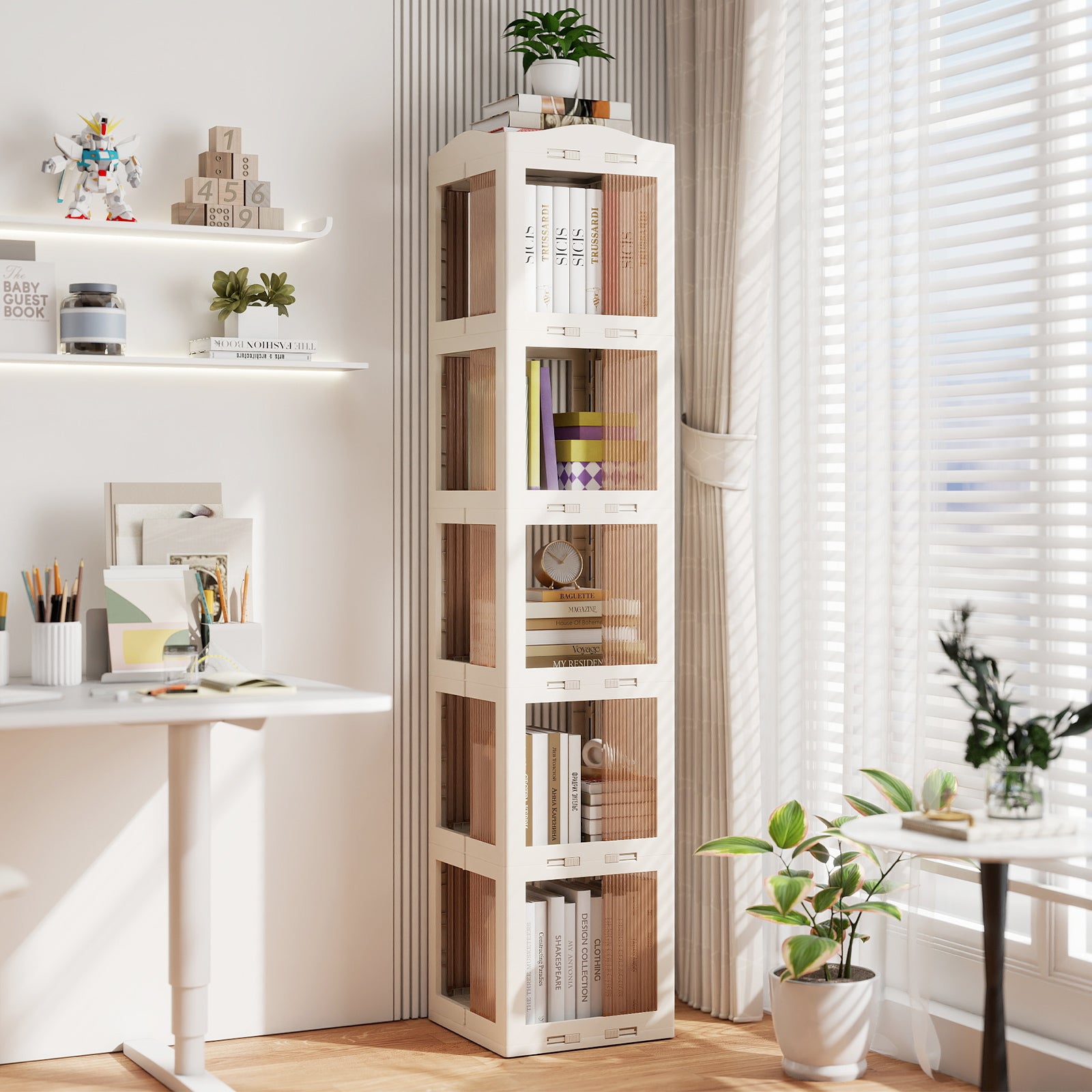 5-Tier Foldable Rotating Bookshelf 360° Spinning Bookcase with Swivel Base-White
