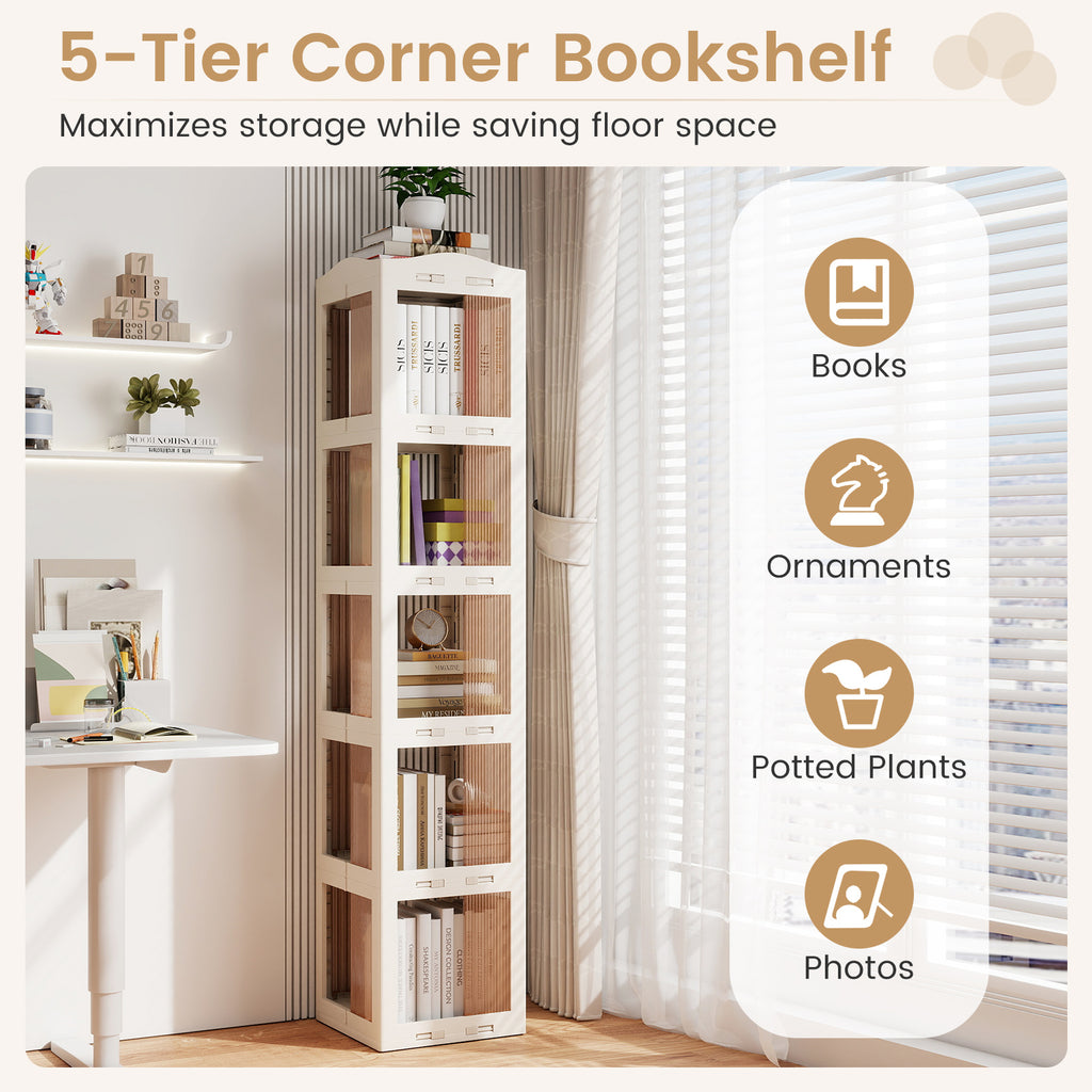 5-Tier Foldable Rotating Bookshelf 360° Spinning Bookcase with Swivel Base-White