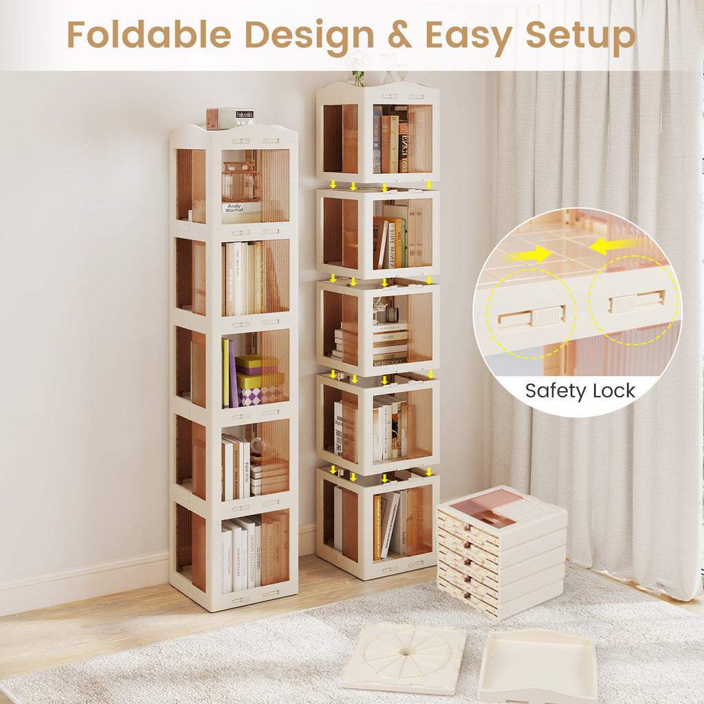 5-Tier Foldable Rotating Bookshelf 360° Spinning Bookcase with Swivel Base-White