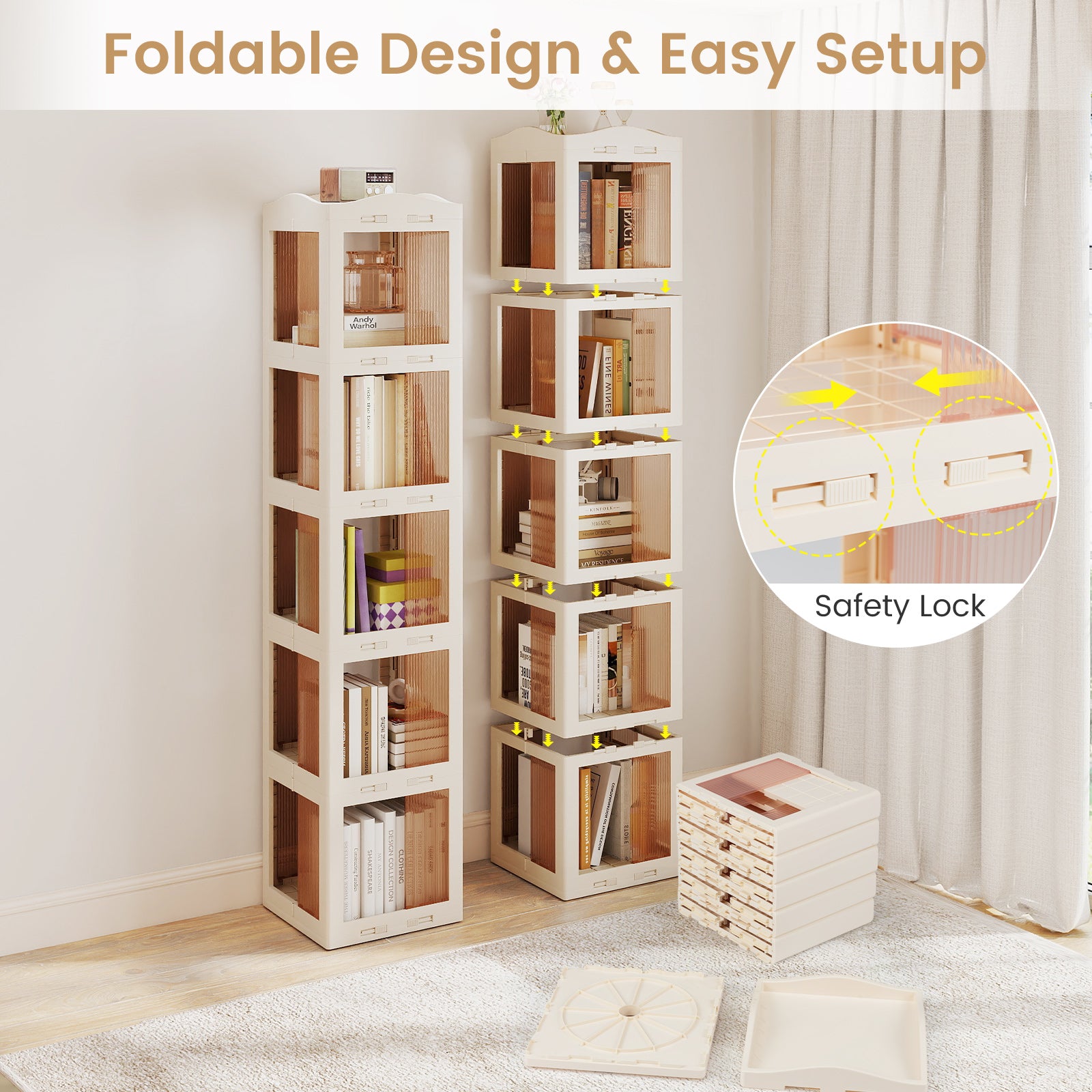 5-Tier Foldable Rotating Bookshelf 360° Spinning Bookcase with Swivel Base-White