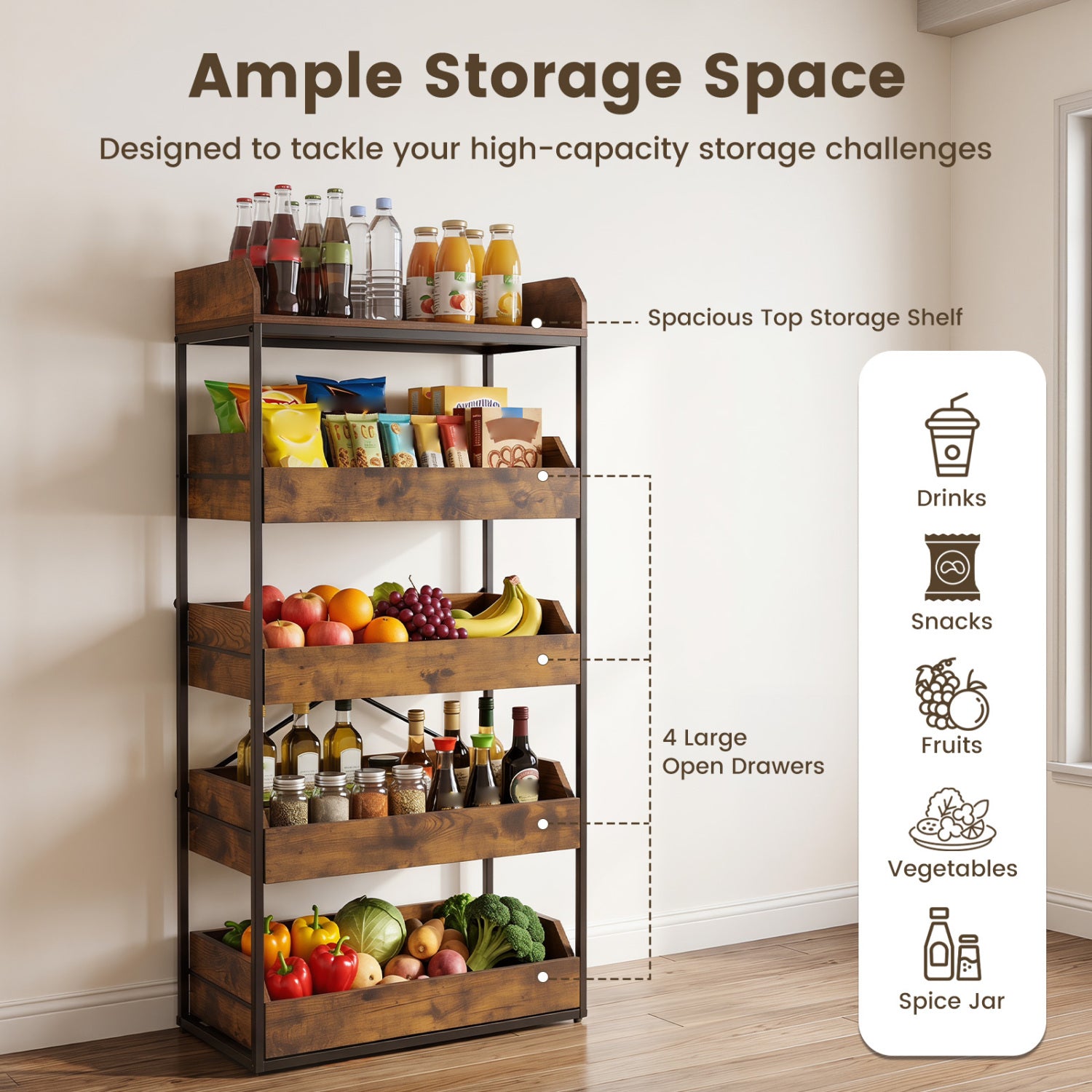 5-Tier Food Storage Rack with 4 Pull-out Drawers and Adjustable Feet-Rustic Brown