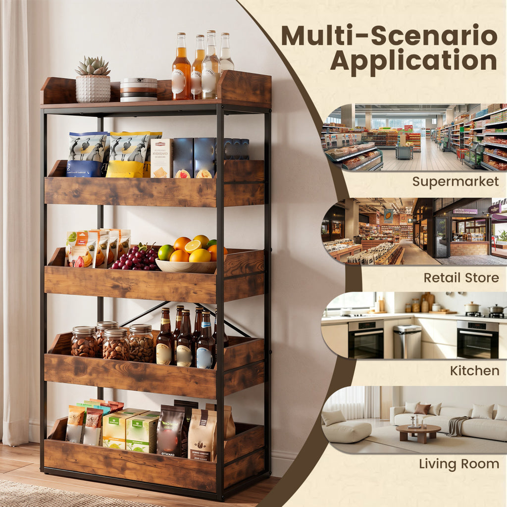 5-Tier Food Storage Rack with 4 Pull-out Drawers and Adjustable Feet-Rustic Brown