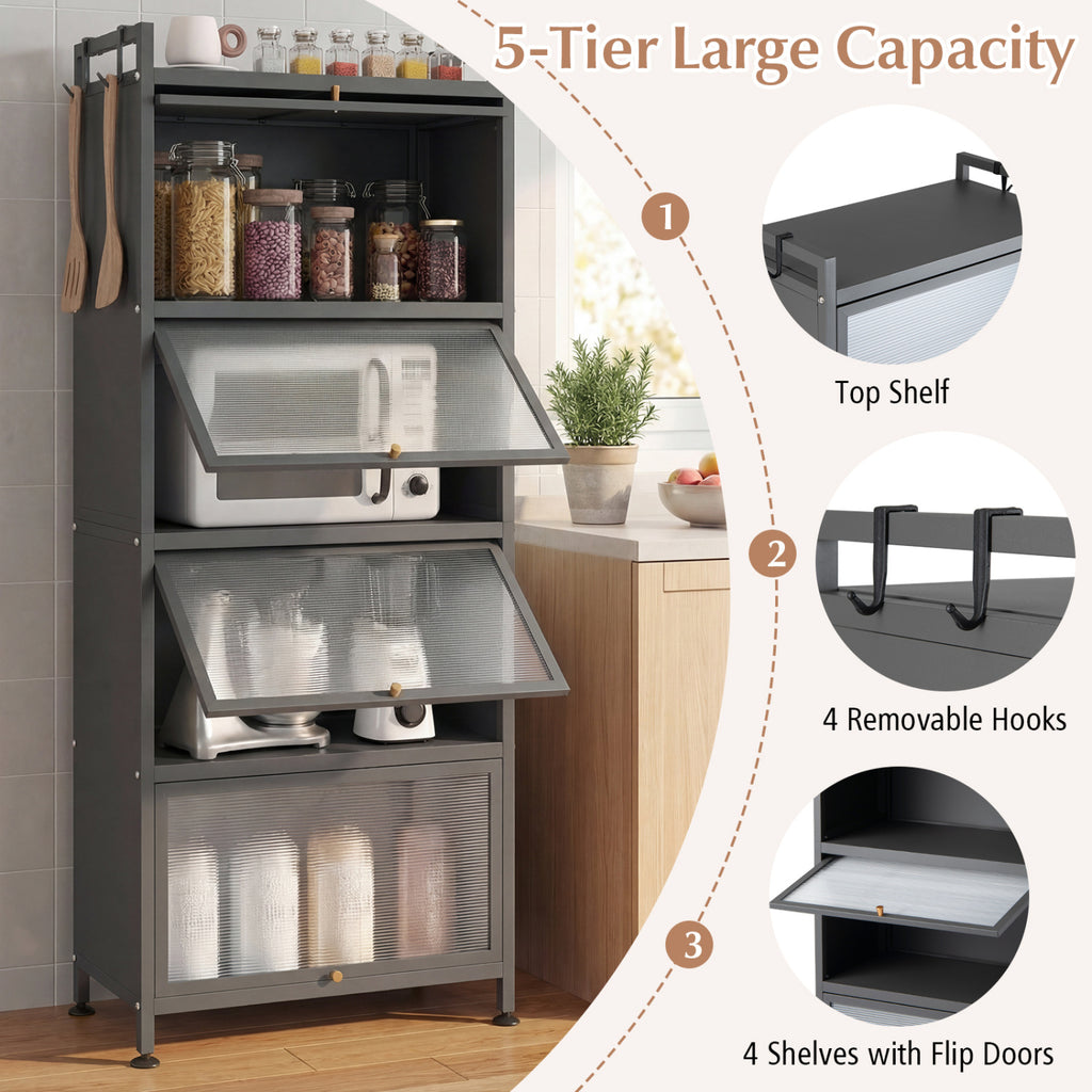 5-Tier Kitchen Baker's Rack with Flip-up PC Doors-Gray