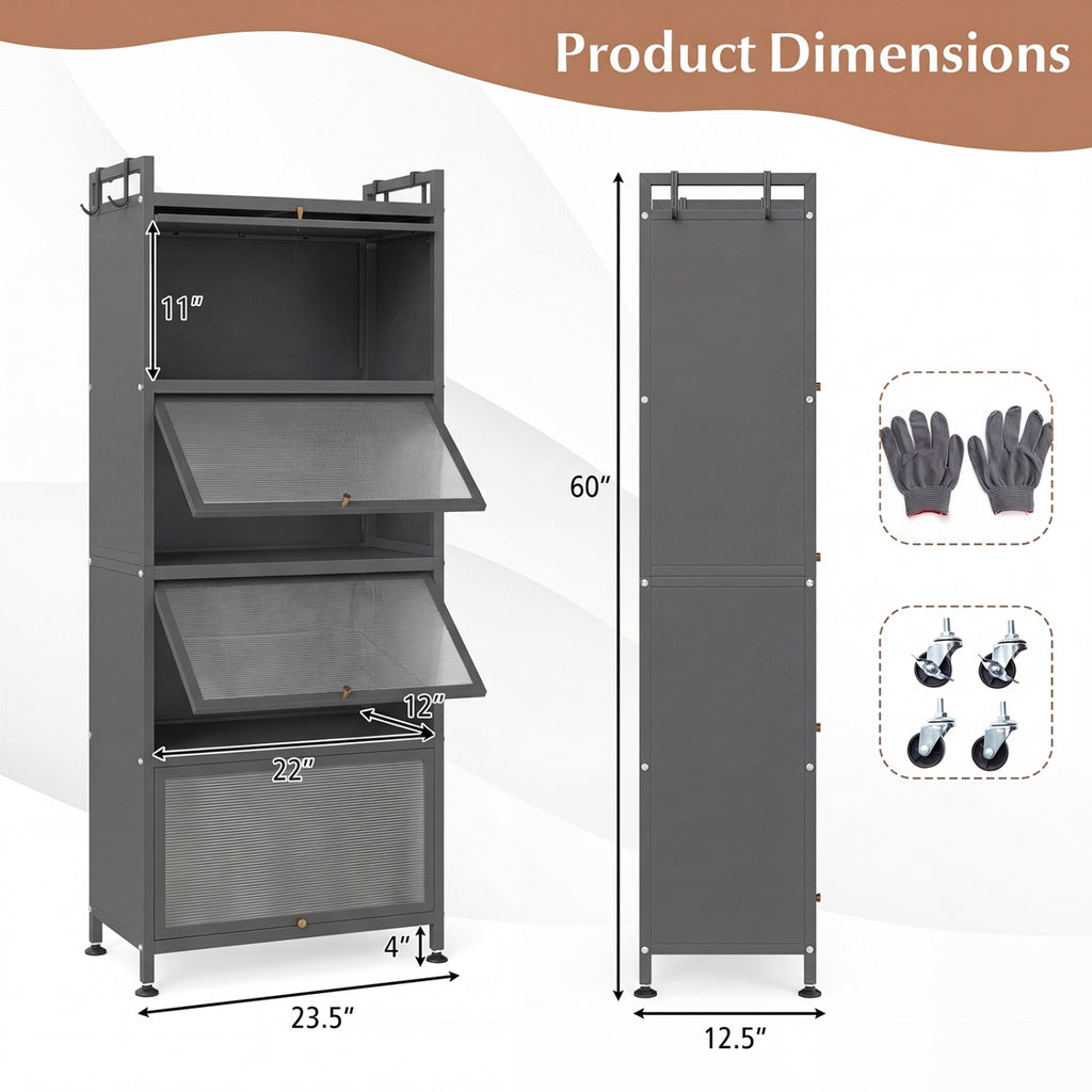 5-Tier Kitchen Baker's Rack with Flip-up PC Doors-Gray