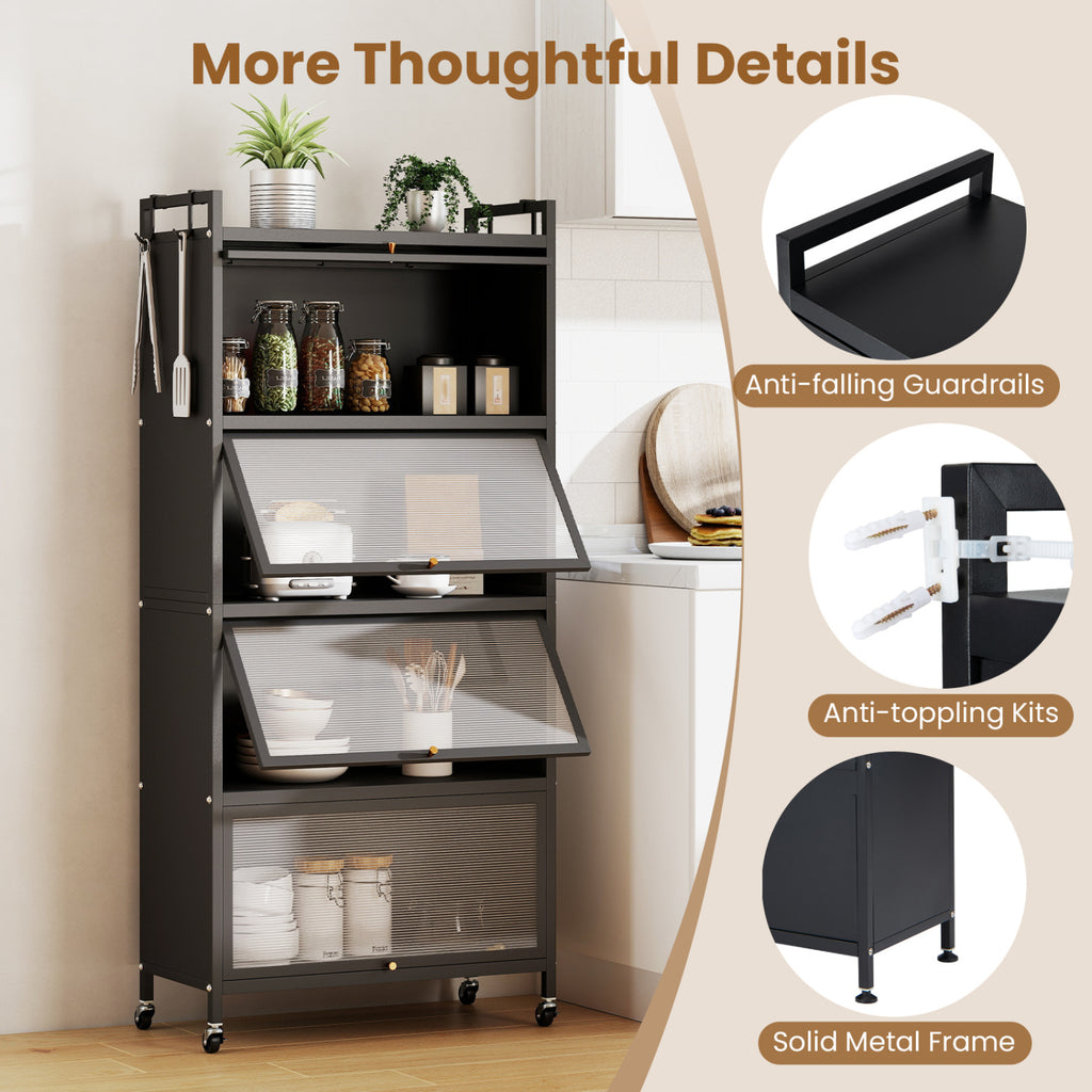 5-Tier Kitchen Storage Cabinet with 4 Flip-up PC Doors Adjustable Feet and Rolling Wheels-Black