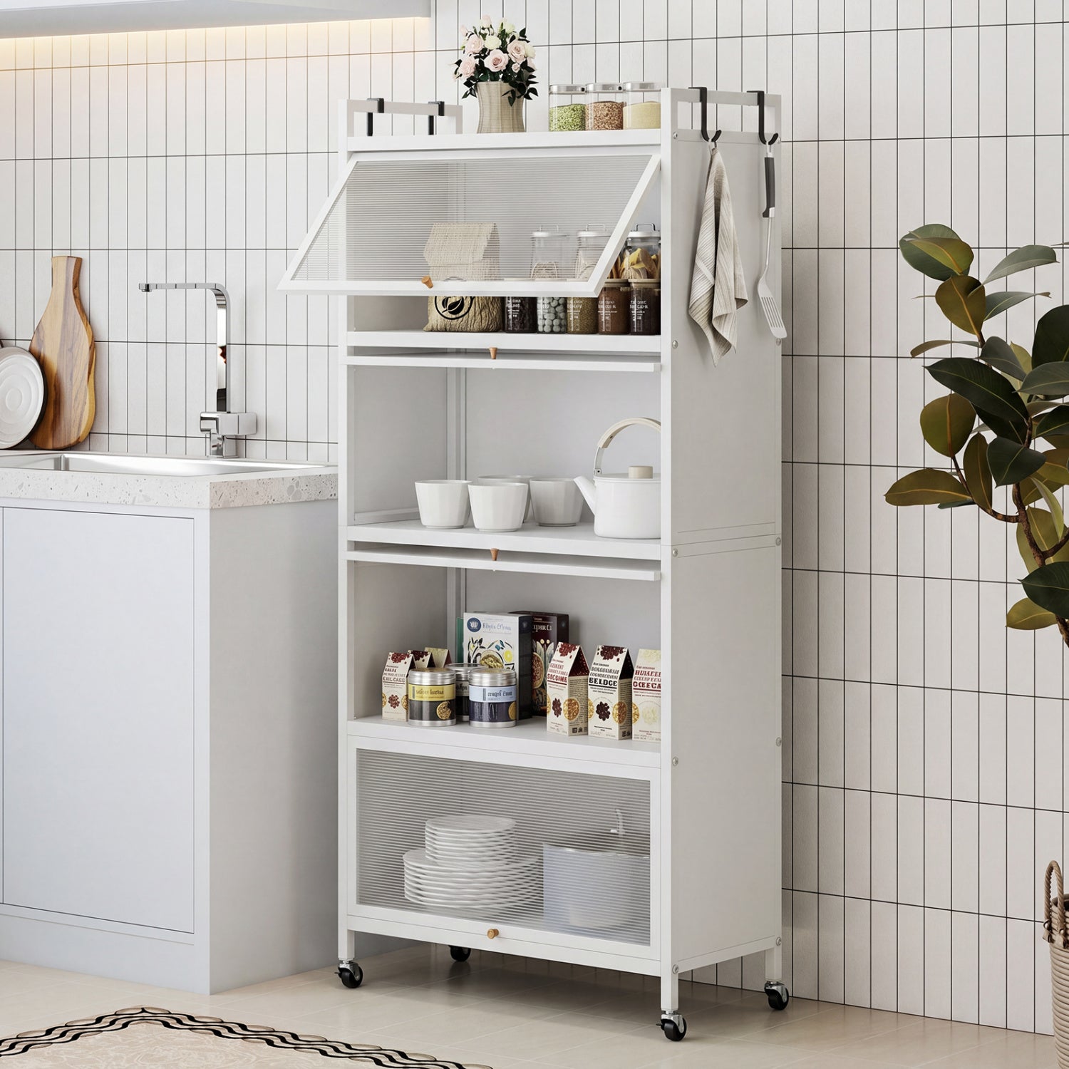 5-Tier Kitchen Storage Cabinet with 4 Flip-up PC Doors Adjustable Feet and Rolling Wheels-White