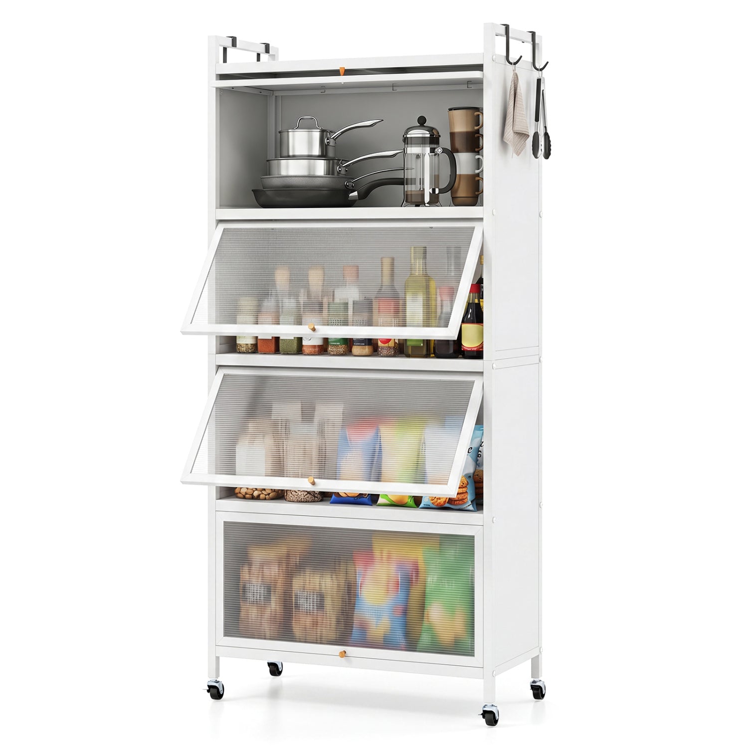 5-Tier Kitchen Storage Cabinet with 4 Flip-up PC Doors Adjustable Feet and Rolling Wheels-White
