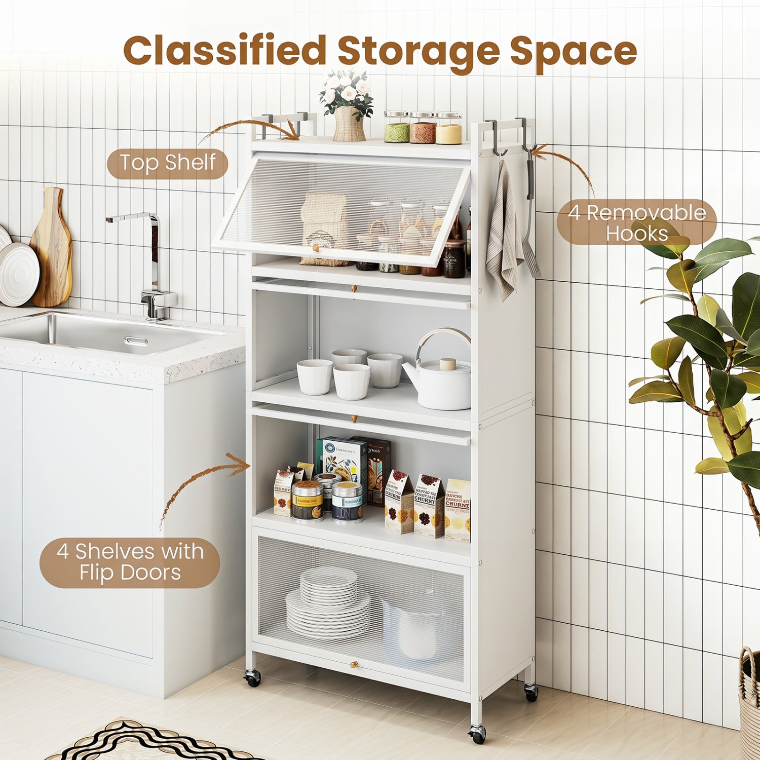 5-Tier Kitchen Storage Cabinet with 4 Flip-up PC Doors Adjustable Feet and Rolling Wheels-White