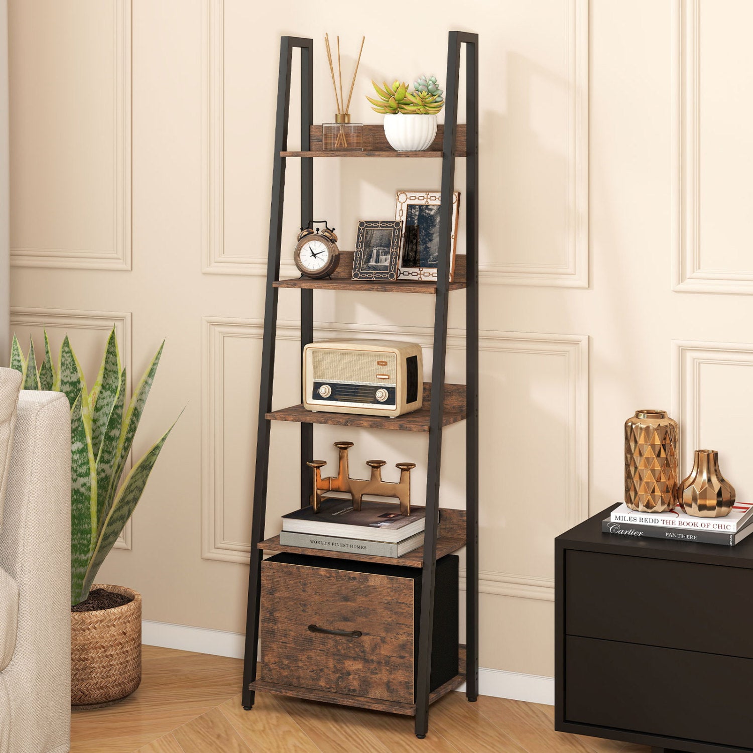 5-Tier Ladder Bookshelf with Fabric Drawer for Living Room and Home Office-Rustic Brown